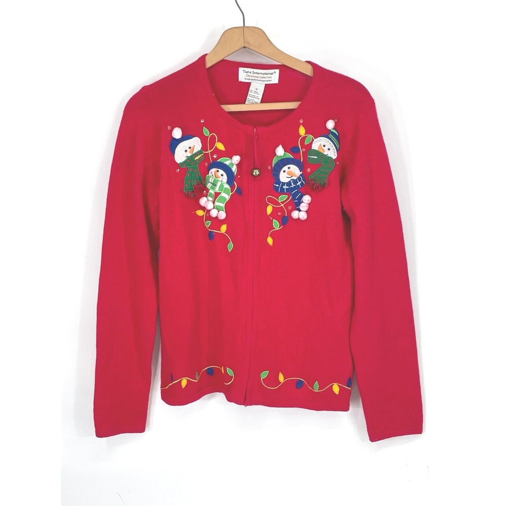 Christmas Tiara International Women Cardigan M Sweater Red Snowman Holiday Ugly